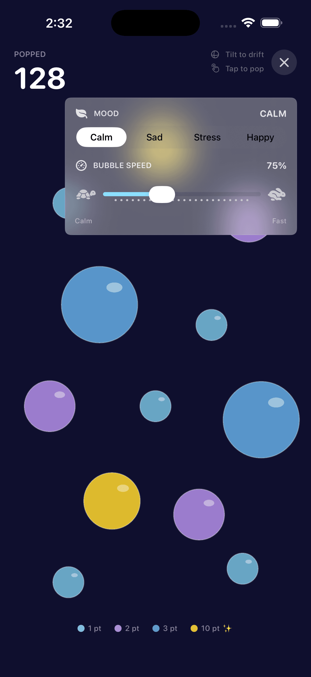 DG Stress Buster settings with mood and speed controls