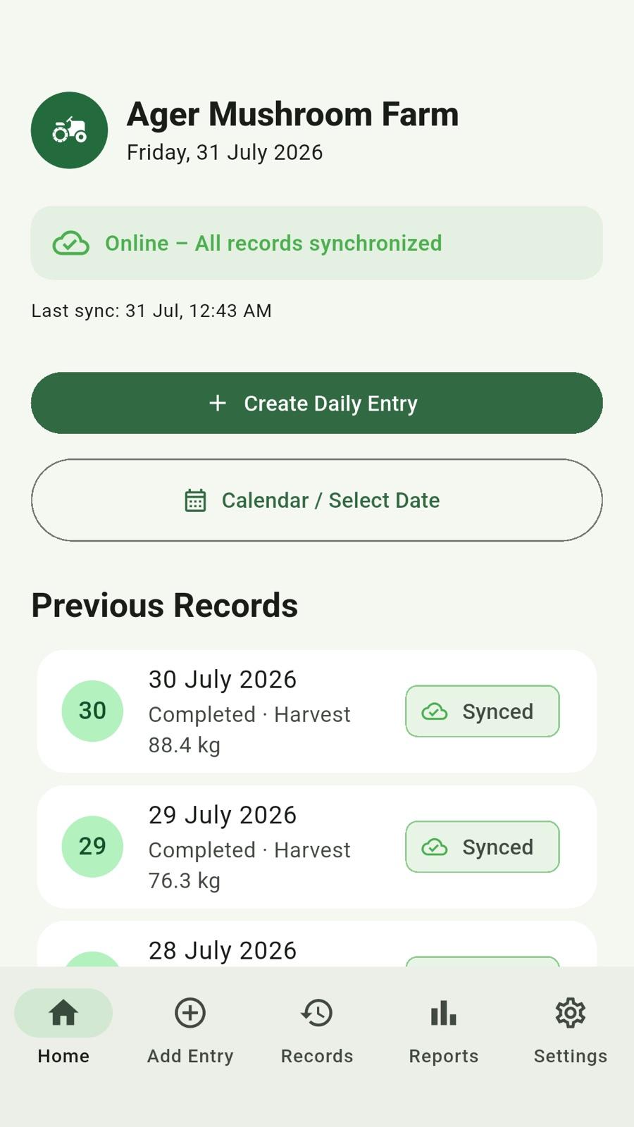Ager Mushroom Farm app home screen with synced daily records