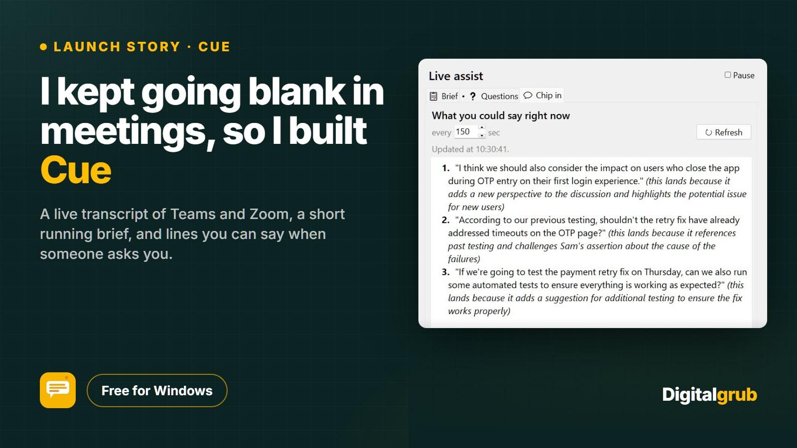 I kept going blank in meetings, so I built Cue: the Chip in tab with lines to say