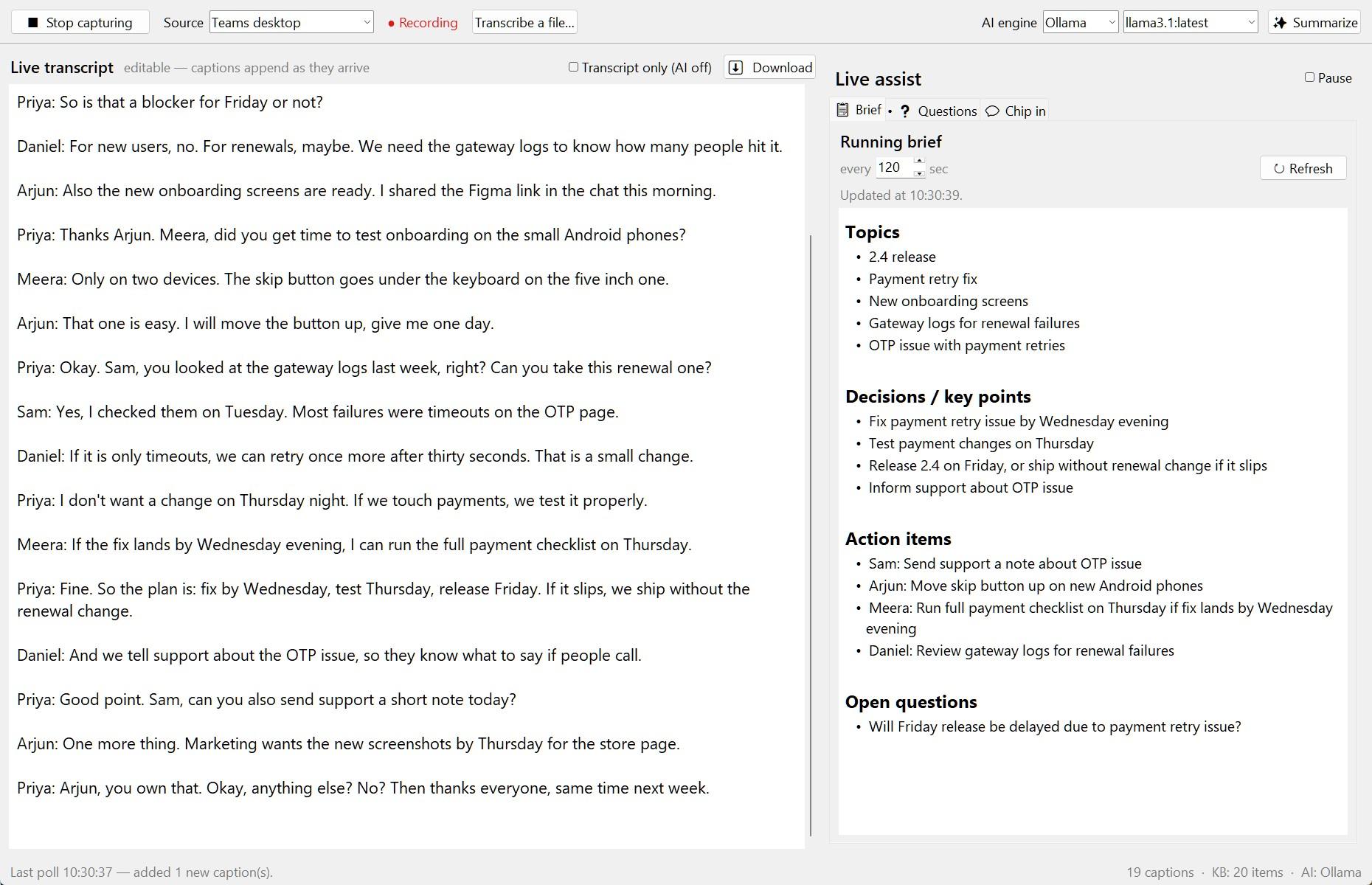 Cue during a meeting: the live transcript on the left and the running brief on the right