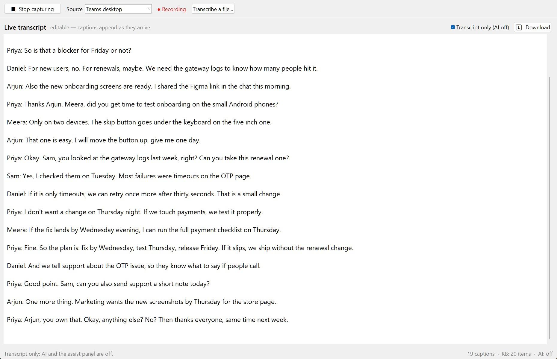 Cue in Transcript only mode: just the meeting text across the whole window