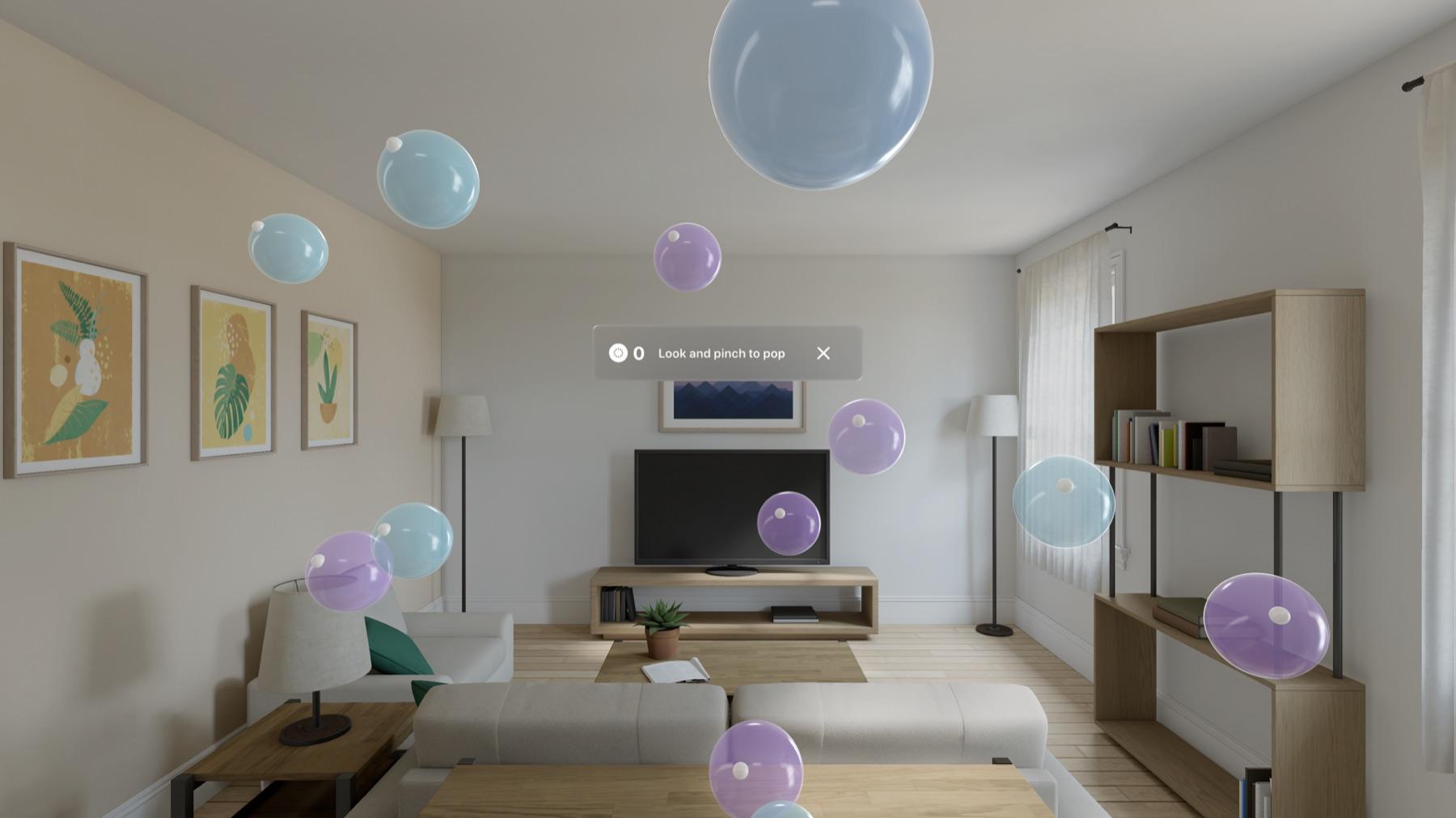 DG Stress Buster bubbles floating in a living room on Apple Vision Pro