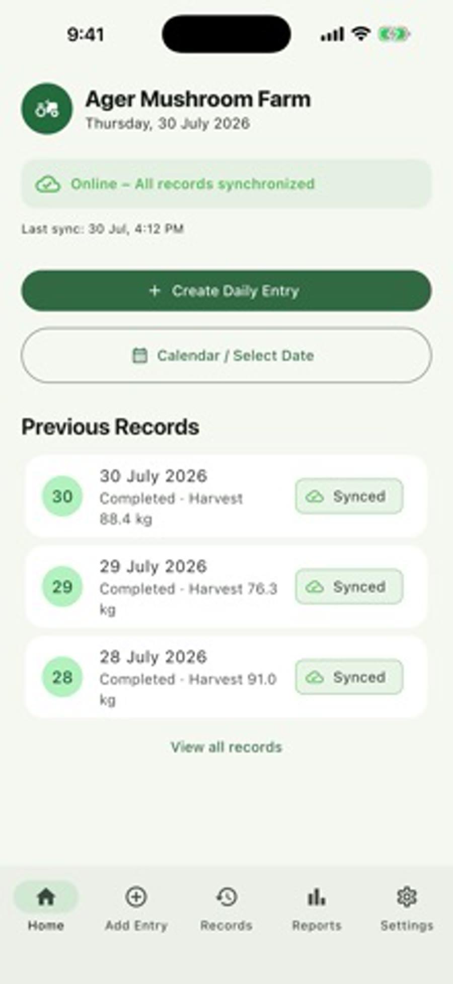Ager Mushroom Farm daily record screen