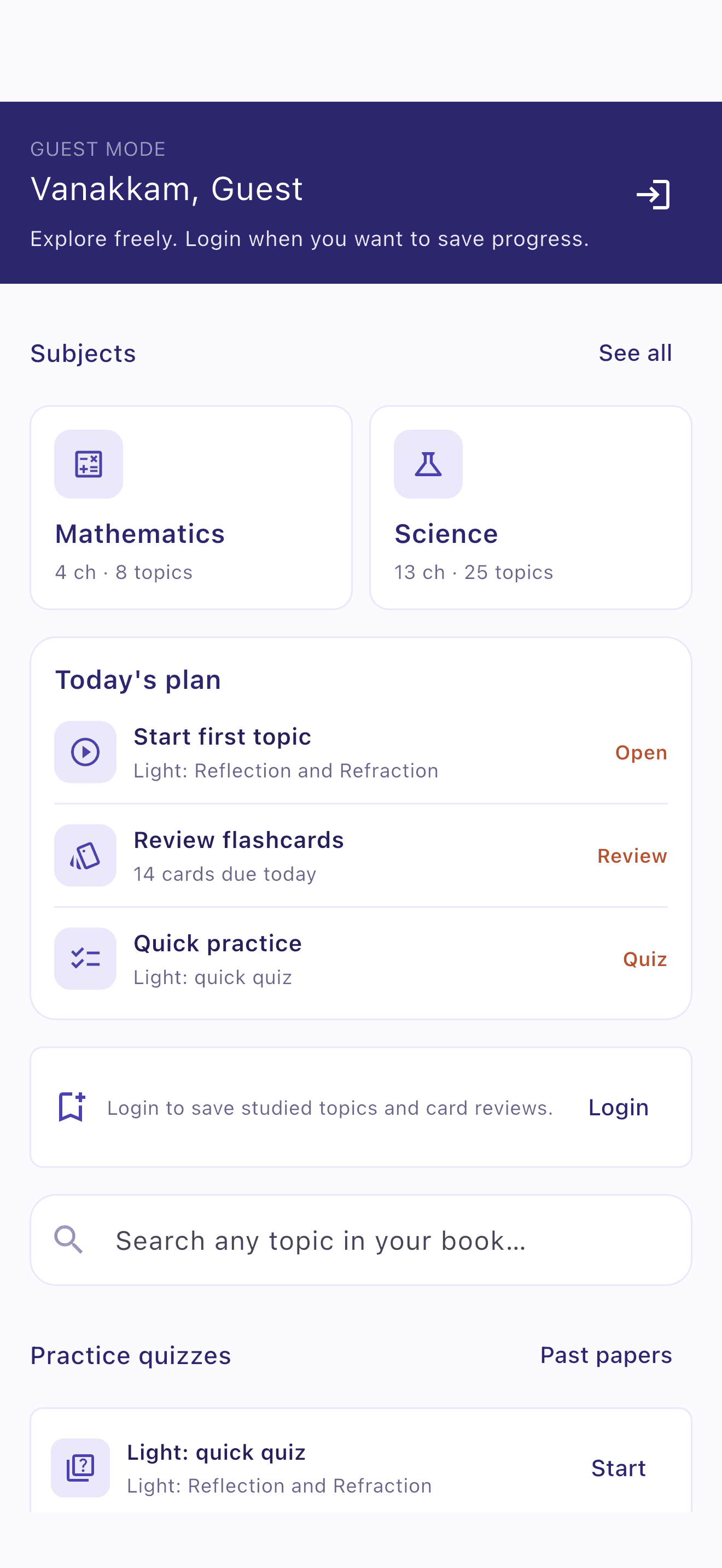 ExamBridge home with subjects and today's study plan