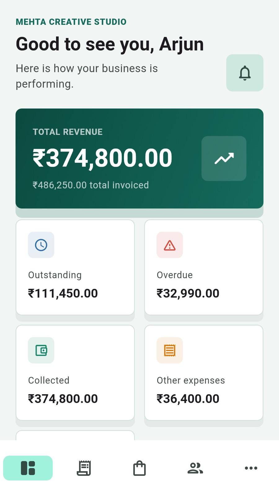 DG Invoice Maker dashboard with business totals