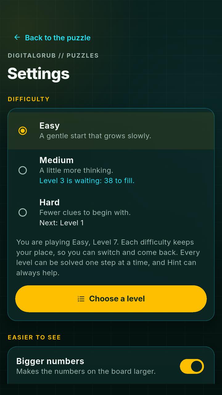 Settings with Easy, Medium and Hard, each keeping its own place