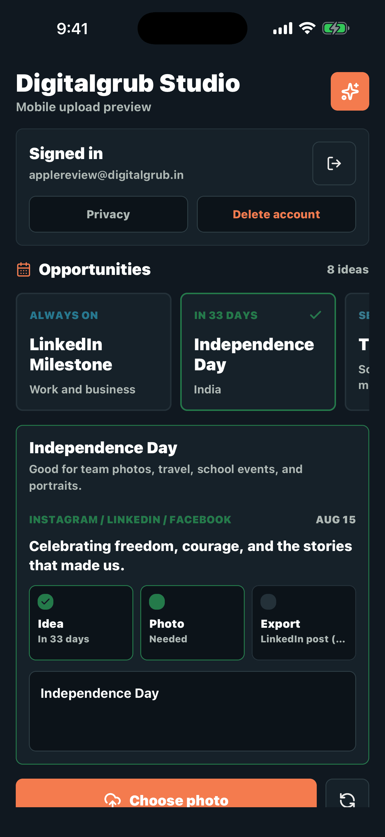 Digitalgrub Studio mobile home with occasion ideas like Independence Day, each waiting for a photo