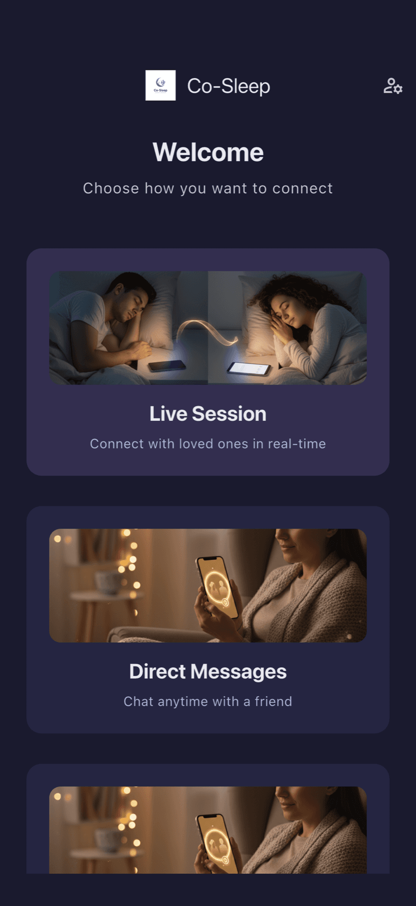 Co-Sleep home screen with connection options