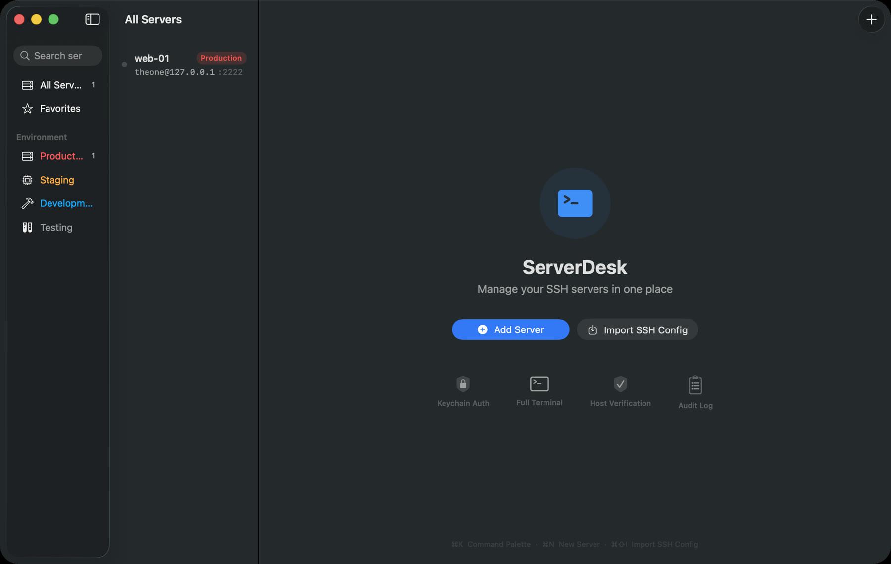 ServerDesk welcome screen with server profiles