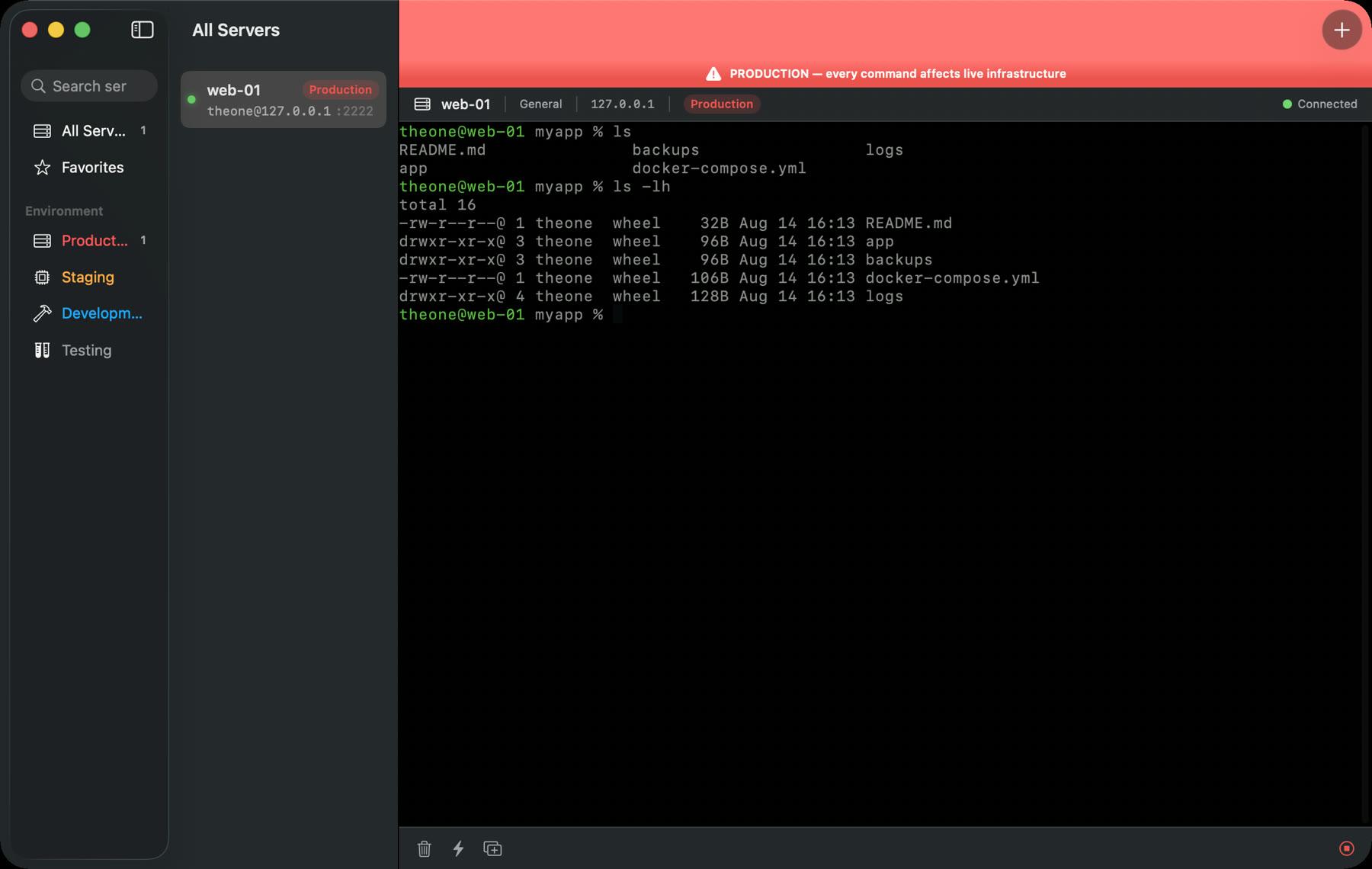 ServerDesk real terminal connected to a server