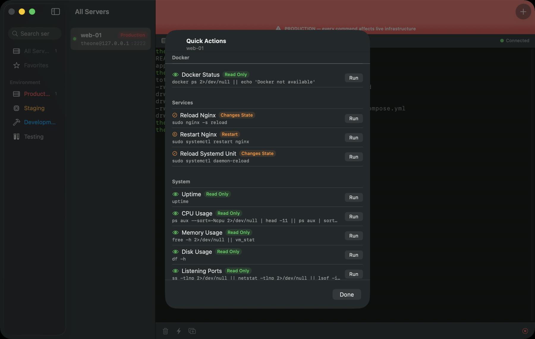 ServerDesk one-tap quick actions