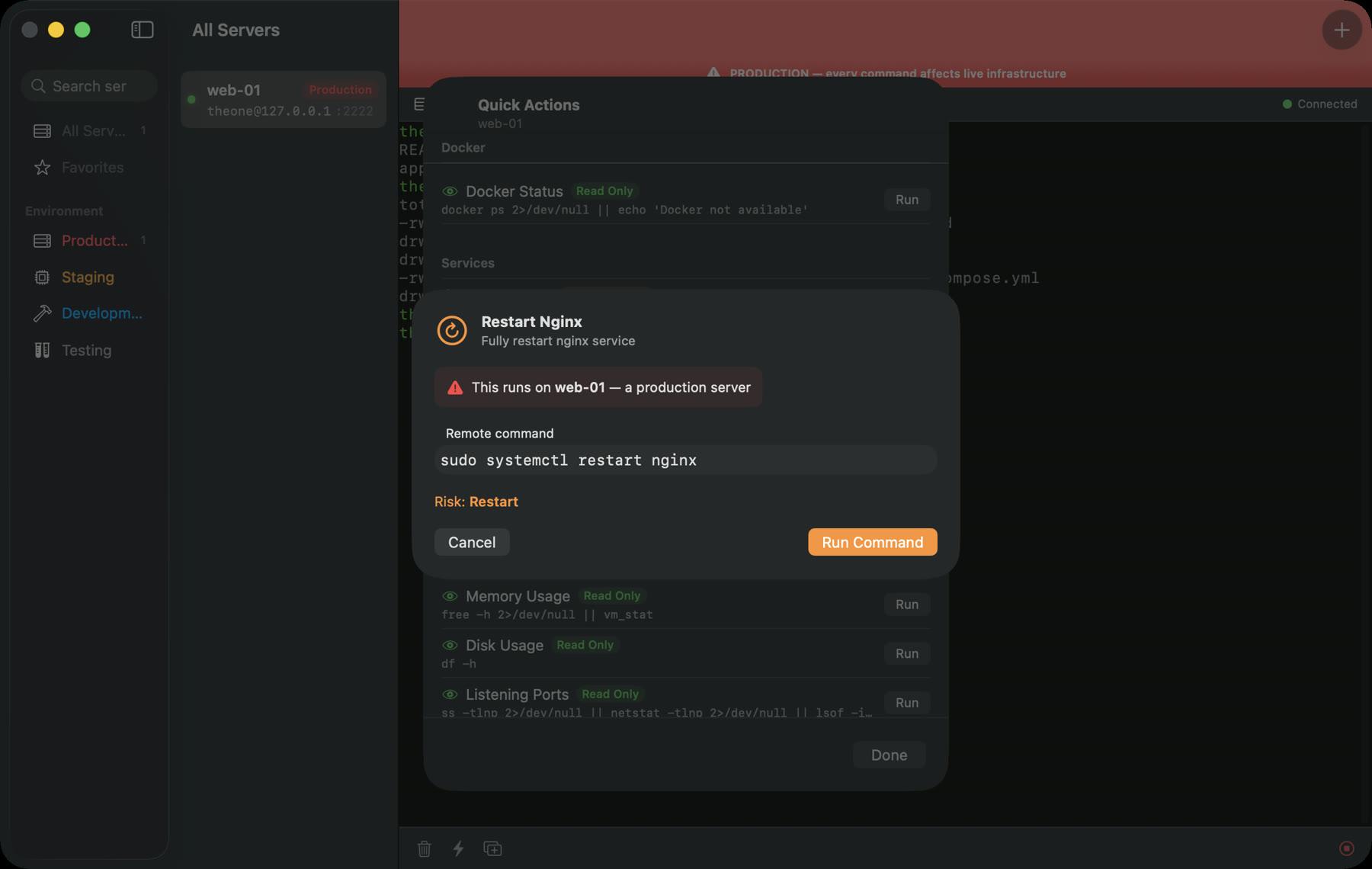 ServerDesk confirmation gate before a dangerous command